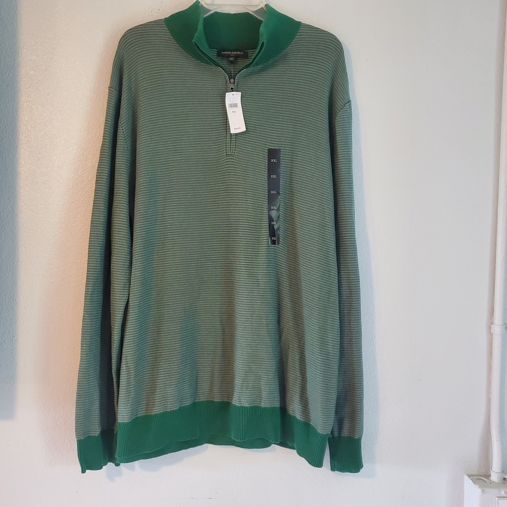 Banana Republic Sweater Mens 2XL‎ Green Striped Cotton Half Zip Pullover Casual